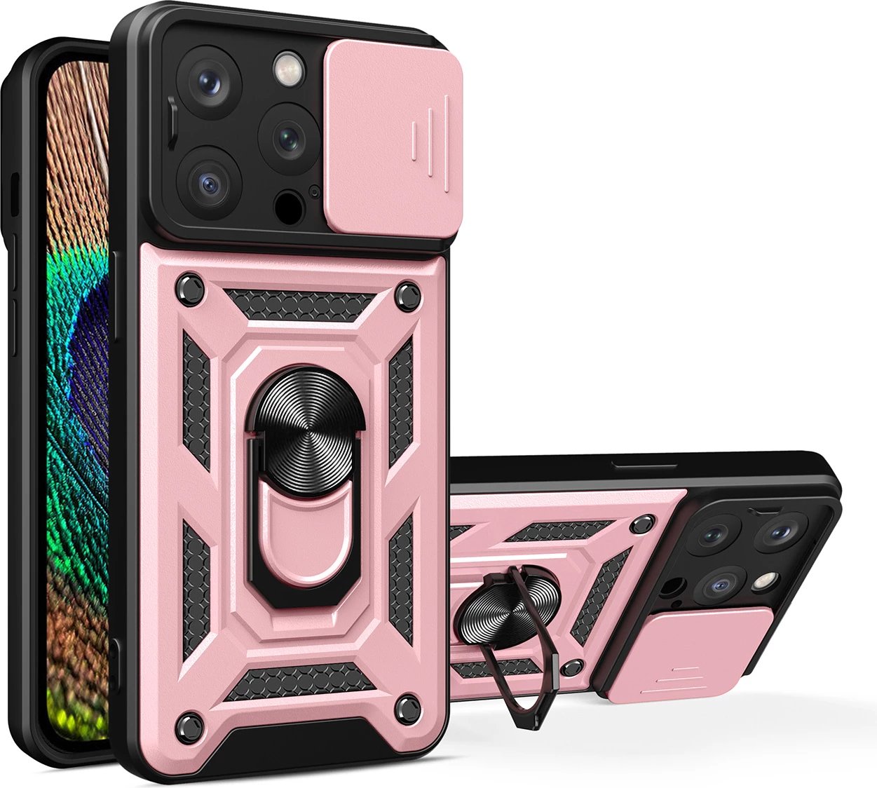 Mbështjellës Hurtel Hybrid Armor Camshield për iPhone 14 Pro, me kapak kamere, rozë