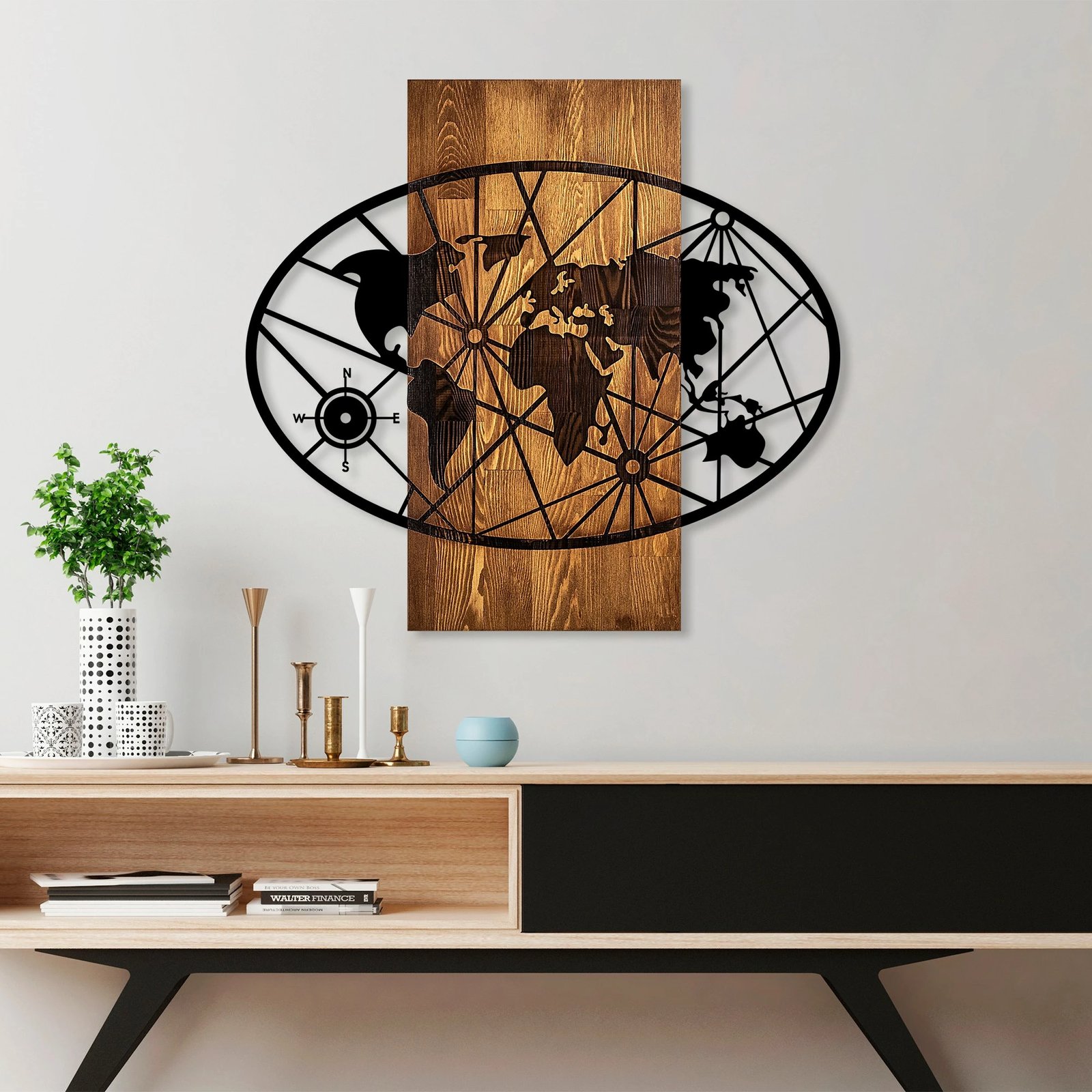 Aksesor dekorativ për mur, hartë bote, dru arre & e zezë, Wallity, 57x62cm