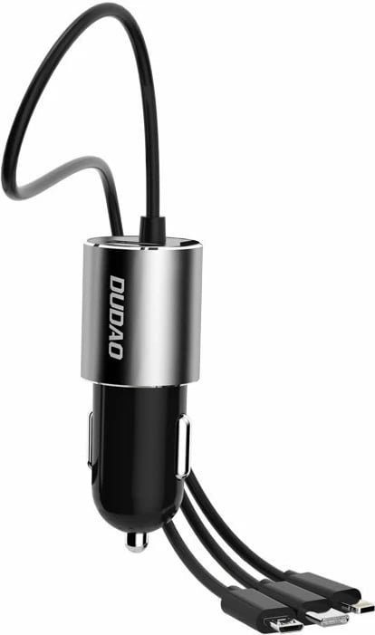 Karikues për veturë, Dudao, R5ProN, 3.4 A, USB-A 1 port, kabëll i integruar 3‑në‑1 Lightning/USB Type-C/Micro USB 1 m, e zezë