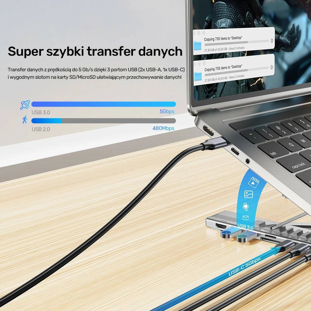 Kasë laptopi Unitek, me hub HDMI/PD/SD, e rregullueshme, ngjyrë argjendtë