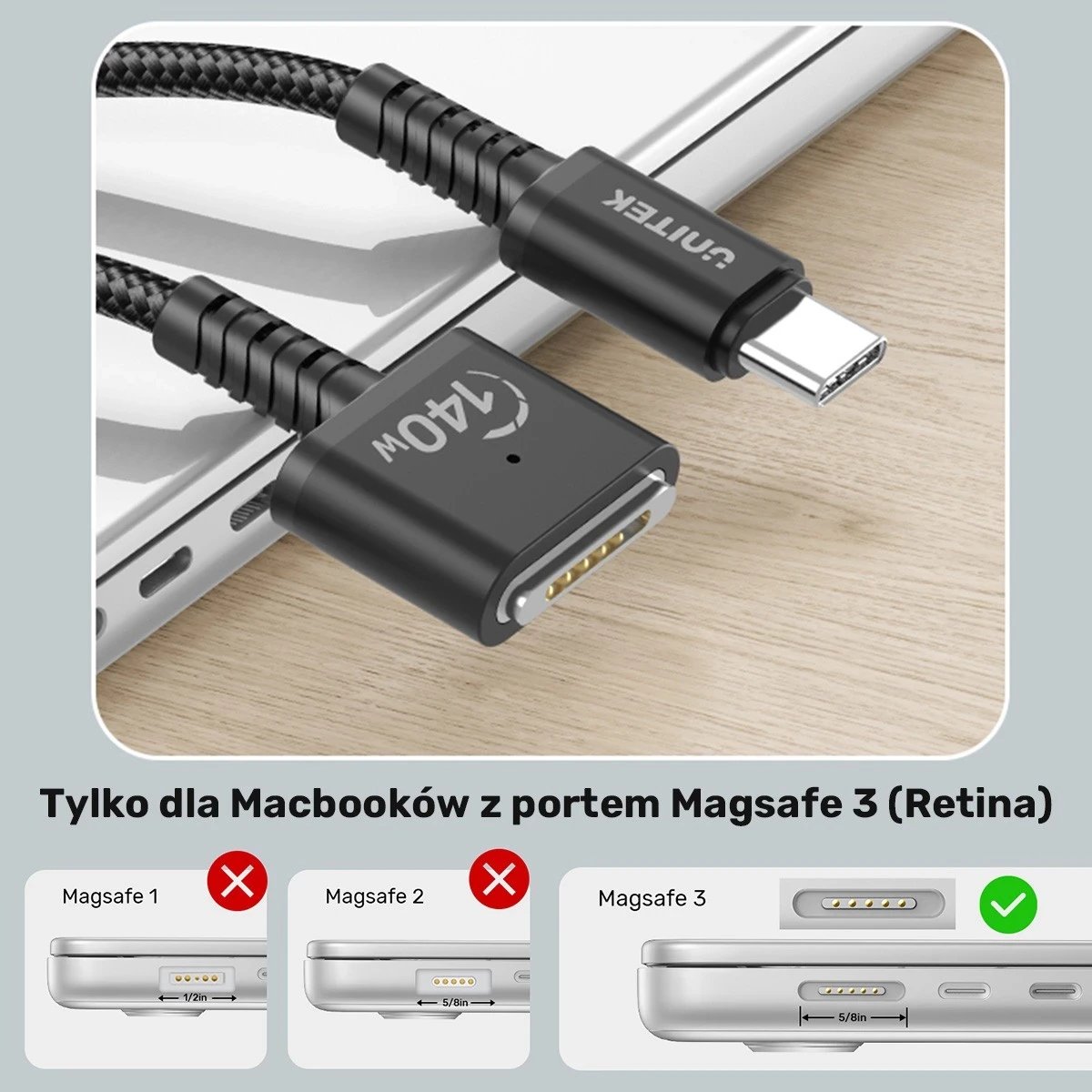 Kablli Unitek USB-C për MagSafe 3, 2m, ngjyrë e zezë