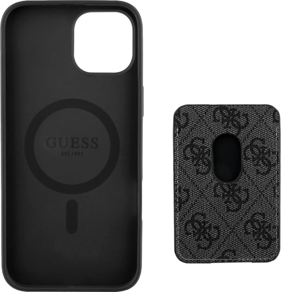 Mbështjellës Guess 4G Stripes me portofol MagSafe për iPhone 15, i zi