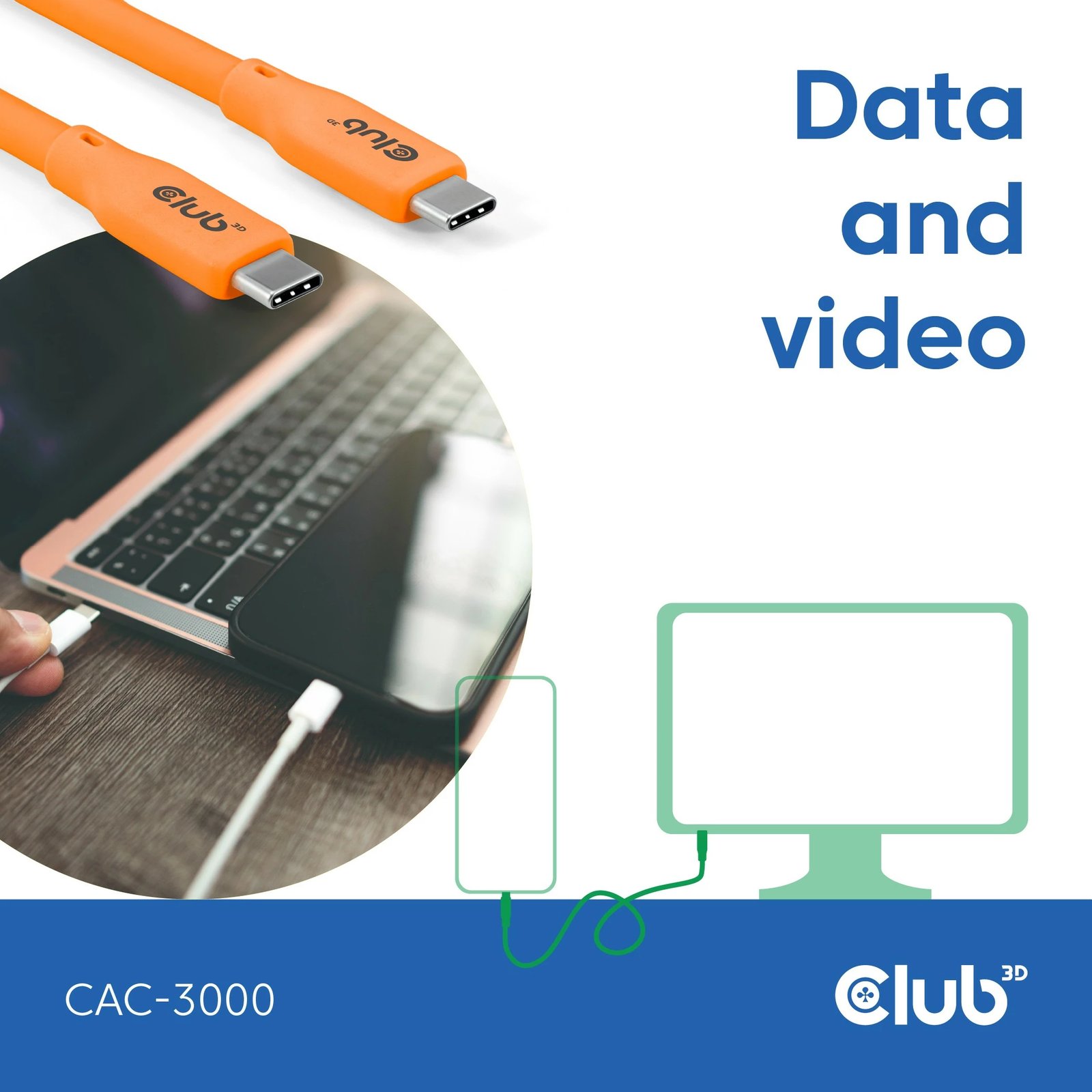 Kabllo USB-C Club3D CAC-3000, 2m, 240W, 20Gbps, portokalli