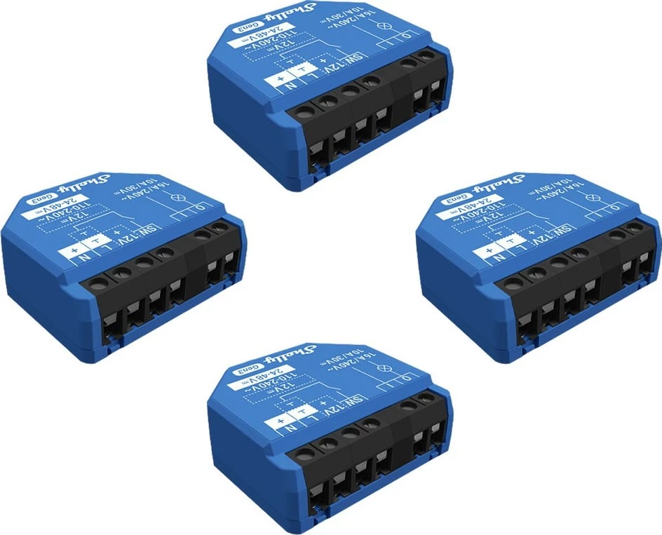Relé i mençur Shelly 1 Gen3 4 copë, 16A, Wi-Fi, Bluetooth, ngjyrë blu