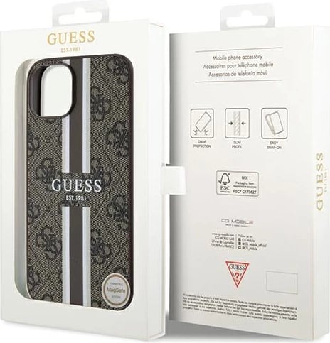 Mbështjellës Guess 4G Printed Stripes MagSafe për iPhone 15/14/13, Kafe