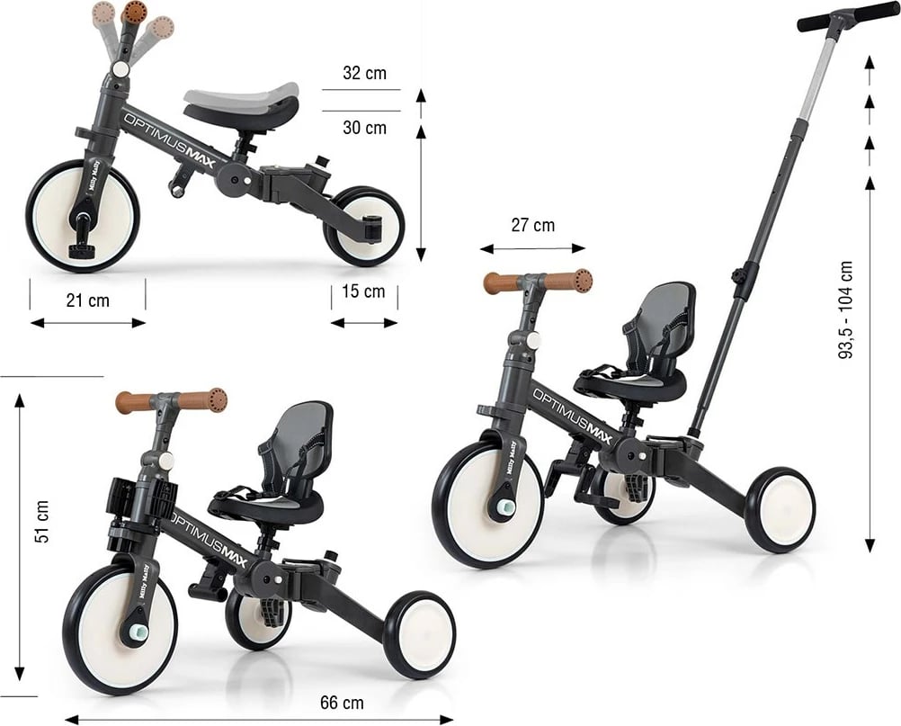 Tricikletë/biçikletë ekuilibri 5‑në‑1, Milly Mally, Optimus Max, dorezë prindi me 4 nivele, rrota shkumë, sedilje e rregullueshme, palosshme, gri e errët