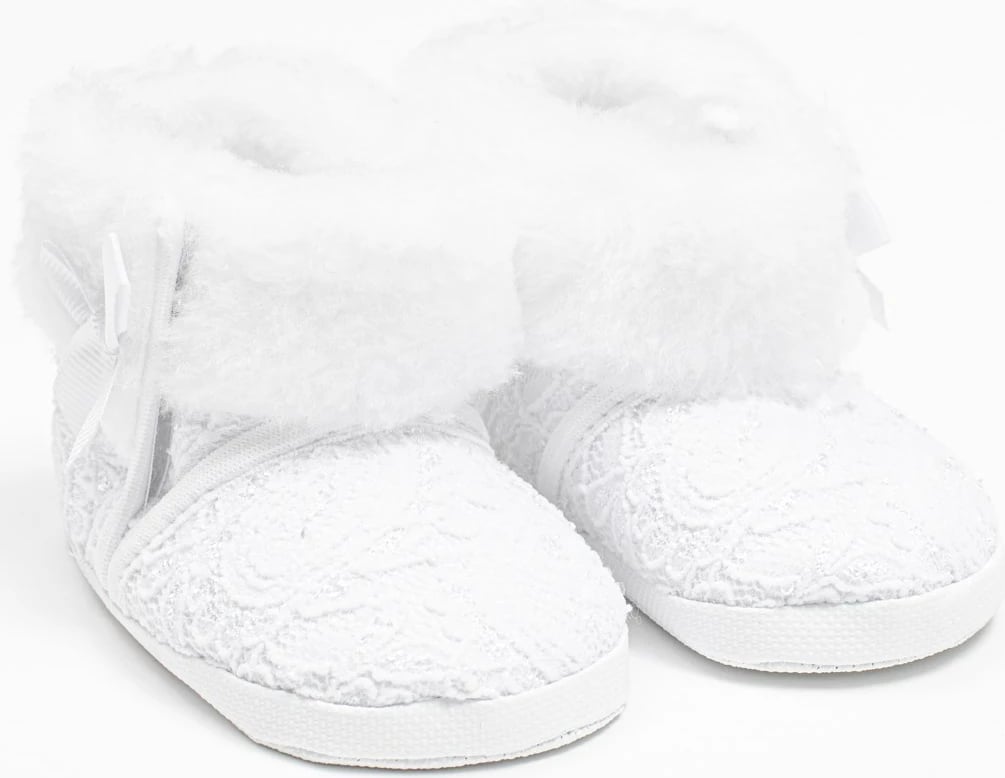 papuça dimri bebe, New Baby, dantellë, shirit ngjitës, taban PVC BPA-free, madhësi 6-12 m, të bardha