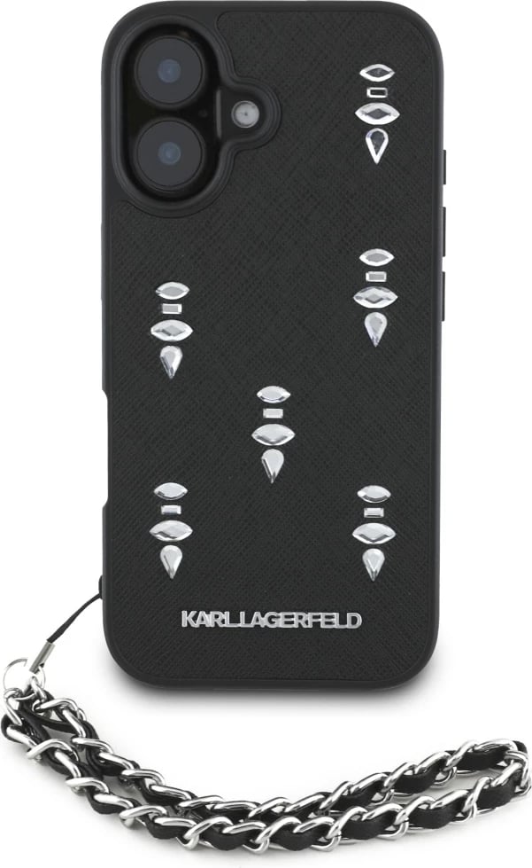 Mbështjellës Karl Lagerfeld Saffiano Crystals me zinxhir për iPhone 16, i zi