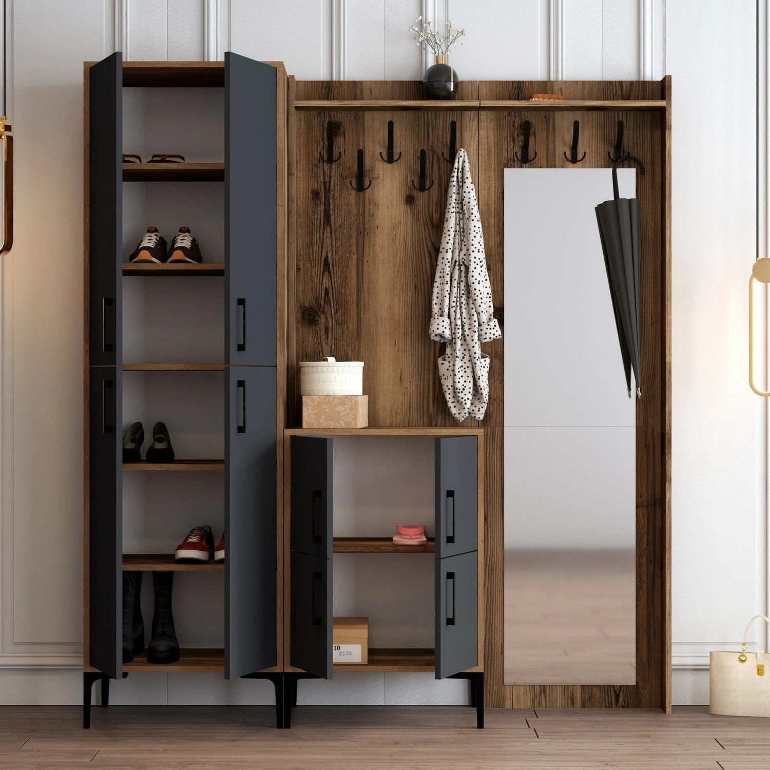 Stendë për korridor Hanah Home, Berlin ABC, ngjyrë arrë dhe antracit