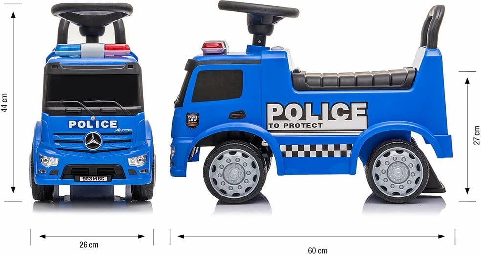 ride-on kamion policie për fëmijë, Milly Mally Mercedes Antos, drita e tinguj, 12–36 muaj, blu