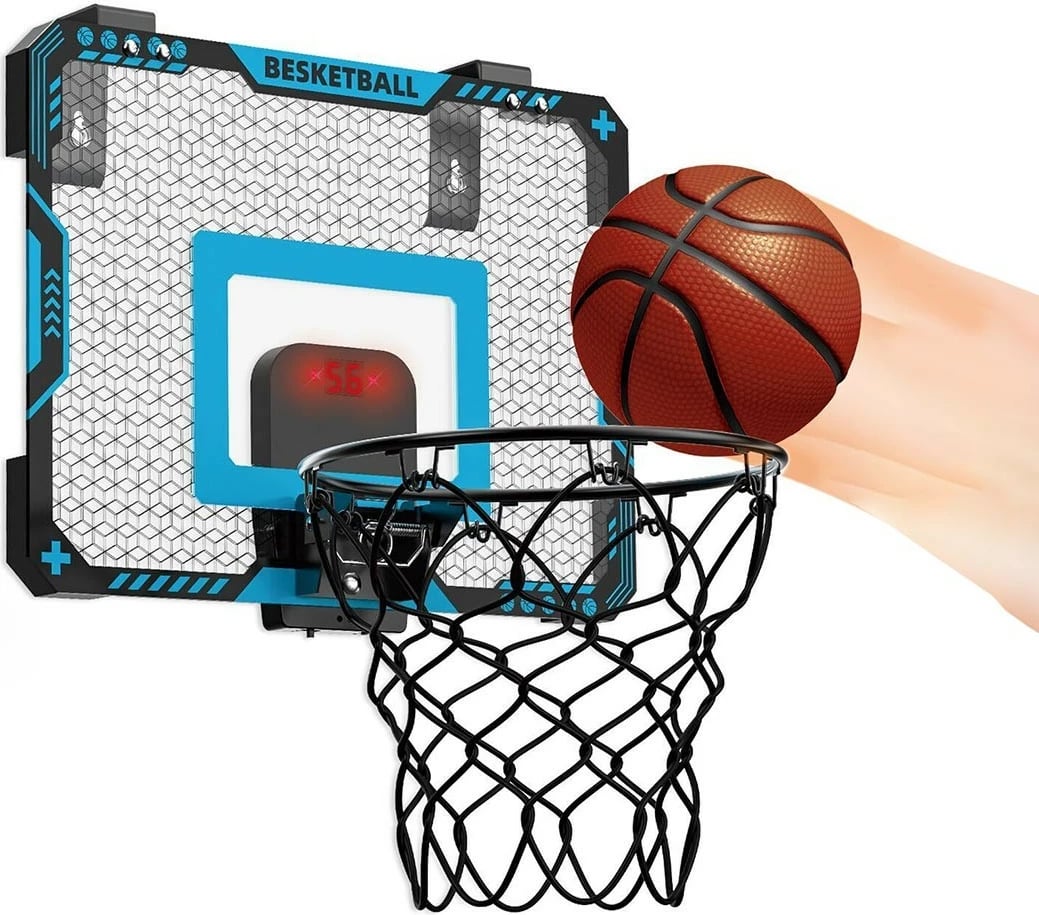 Set basketbolli Madej 011790 me tabelë 40x30cm, top 18cm, pompë, elektronik, zi/blu