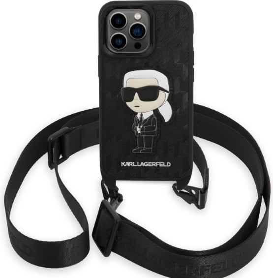 Mbështjellës Karl Lagerfeld KLHCP14LSTKMK për iPhone 14 Pro 6.1", Monogram Ikonik Patch, i zi me rrip