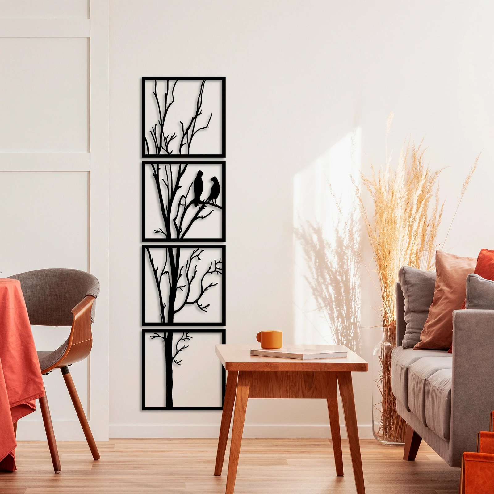 Aksesor dekorativ metalik për mur, dru dhe zogj, ngjyrë e zezë, 44x44cm (4 copë)