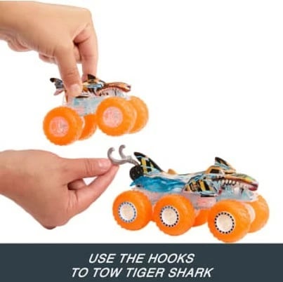 Set lodrash Hot Wheels Monster Trucks Power Smashers, Tiger Shark & Mega-Wrex, 1:64, shumëngjyrëshe