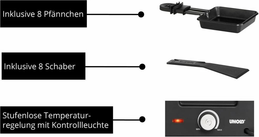 Raclette UNOLD 48730, 8 persona, plastikë, çelik inox, e zezë