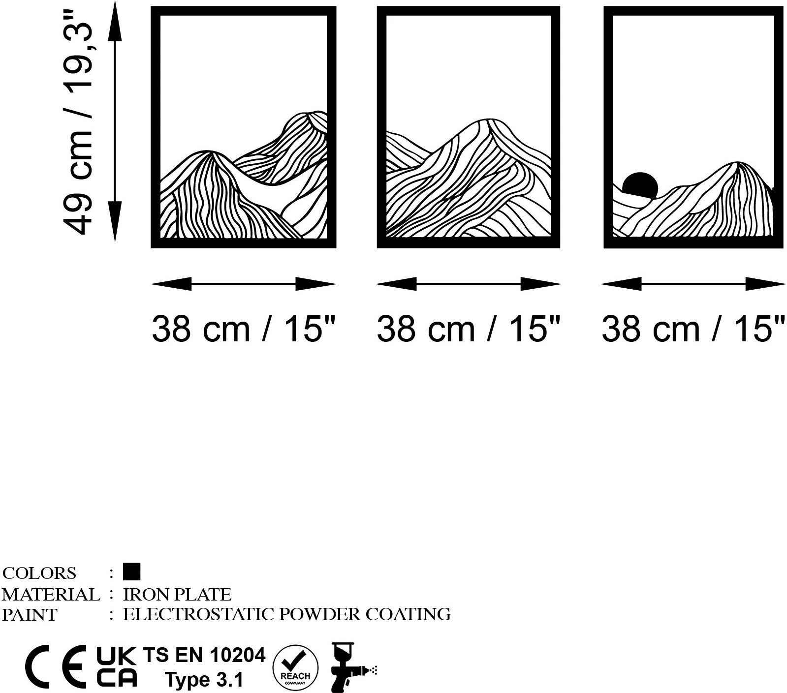 Aksesor dekorativ metalik për mur, Wallity Colline-1, 3 pjesë, ngjyrë e zezë