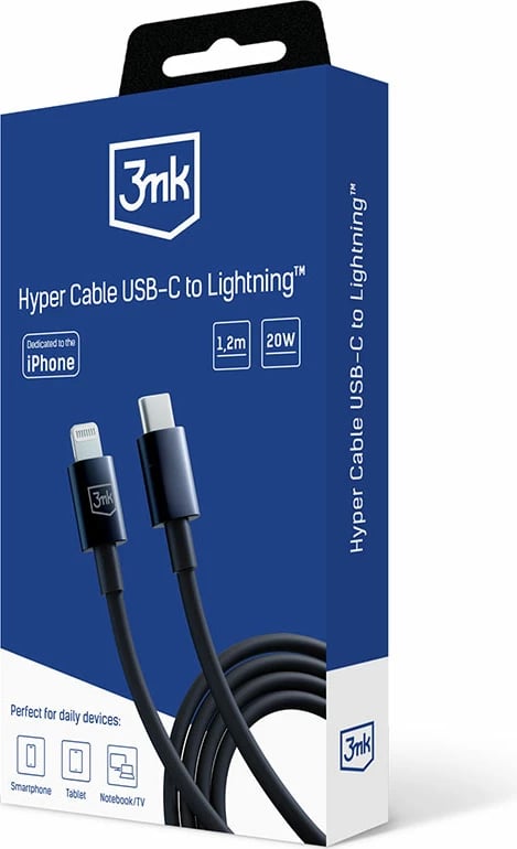 Kabllo USB-C në Lightning 3mk Hyper Cable, 1.2m, 20W, e zezë