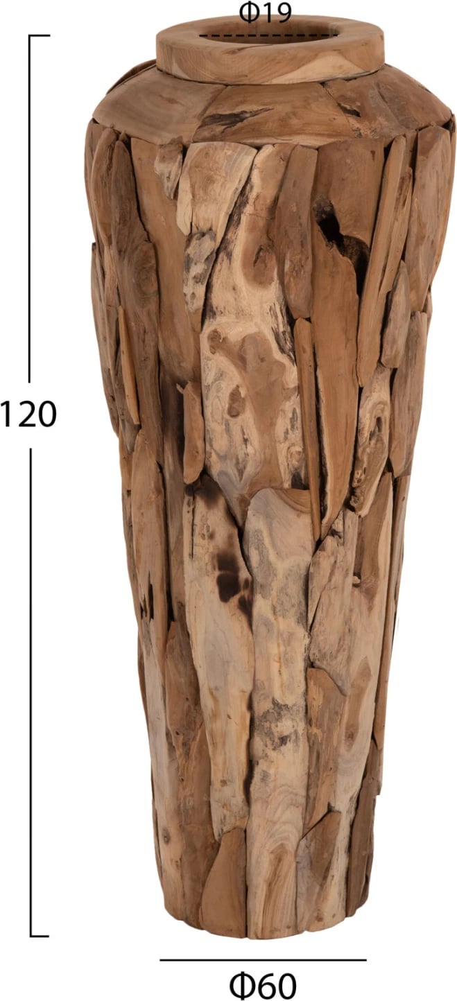 Vazo dekorative për dysheme, copa druri tik, ngjyrë natyrale, Φ60x120H cm