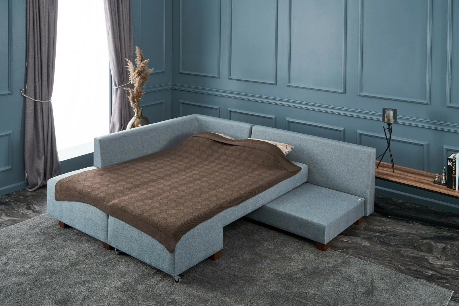 Kënd divan-krevat Atelier del Sofa, kënd Manama majtas, ngjyrë kaltër e çelët