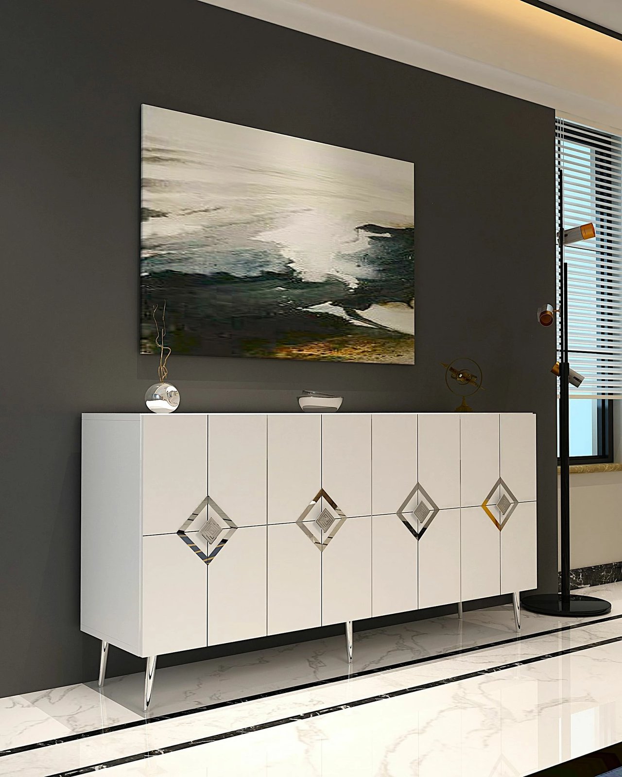 Konsolë moderne, ngjyrë e bardhë dhe argjend, Skye Decor, KB150