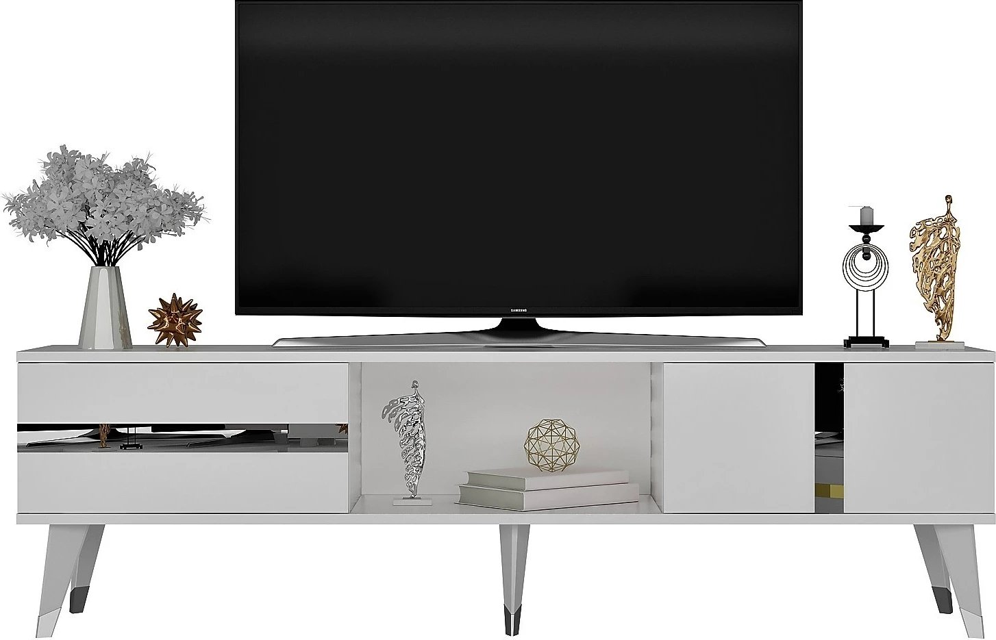 Komodë TV Skye Decor, Vania, e bardhë, argjend