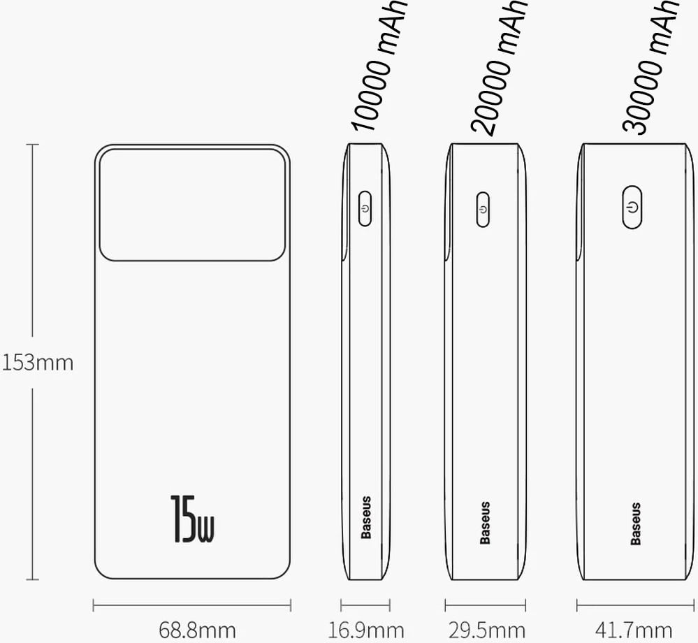 Powerbank Baseus Bipow 30000mAh 15W, me ekran, Bardhë, me kabllo USB-A në Micro USB 0.25m