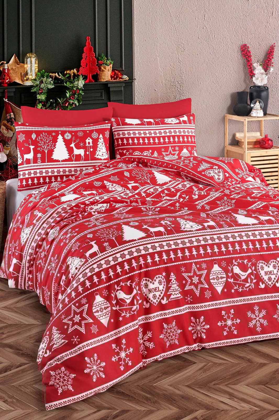 Set mbulesë krevati e madhe, e qepur, ngjyrë e kuqe Claret dhe e bardhë, L'Essentiel Linge de Maison, Snowmas