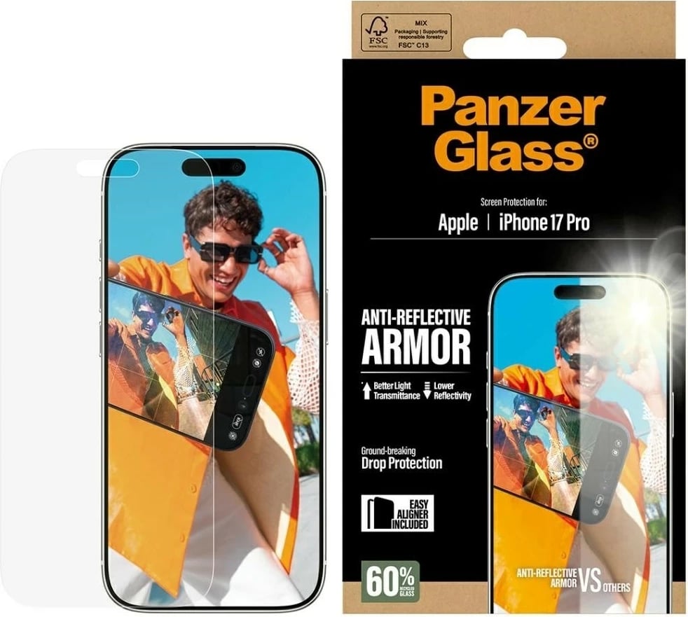 Mbështjellës xhami PanzerGlass Armor Anti-Reflective EasyAligner për iPhone 17 Pro, transparent
