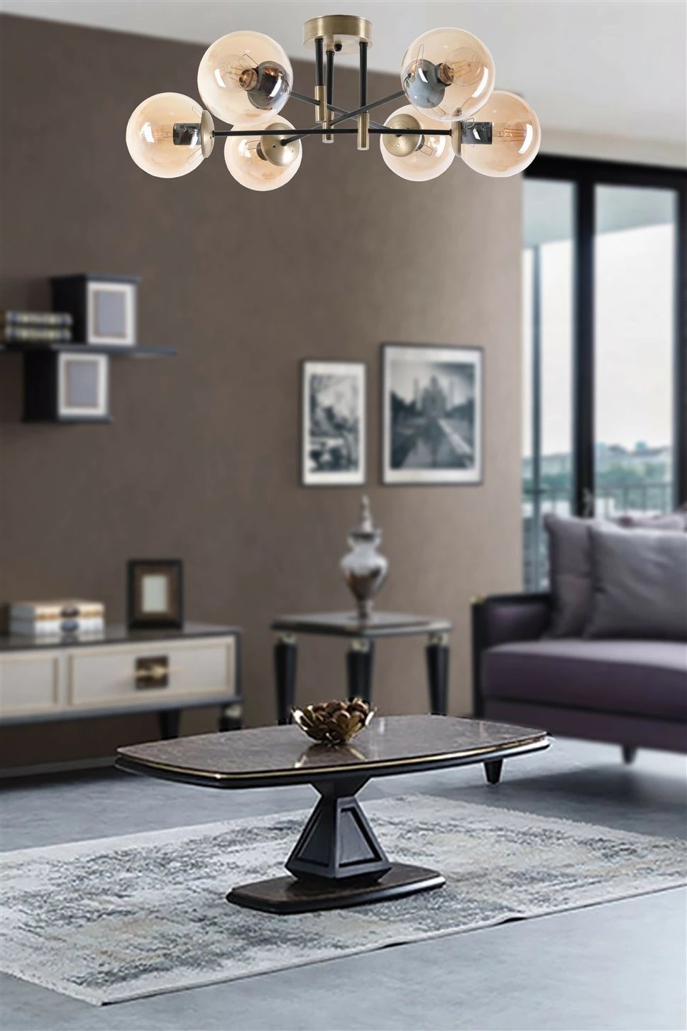 Llambë tavani Opviq Dolunay 6-sh, bakër, xham bal