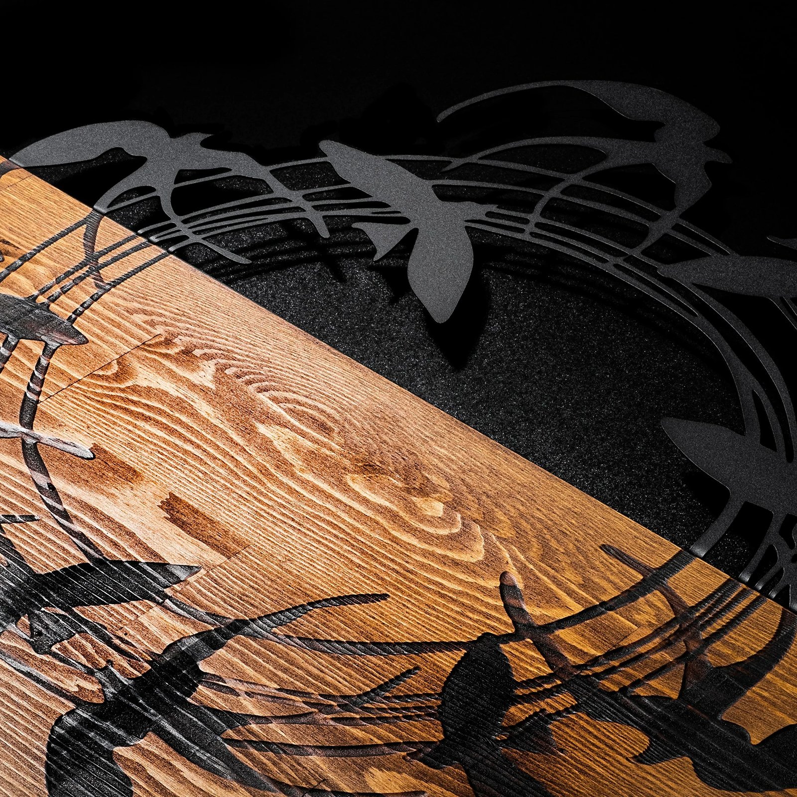 Aksesor dekorativ prej druri për mur, Spiral Birds 1, ngjyrë arre dhe e zezë, 58x58cm