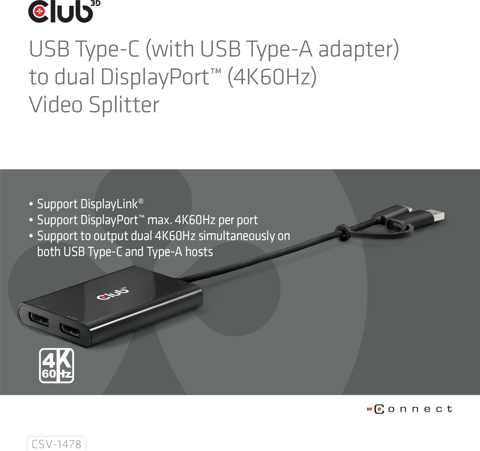 Adapter Club3D USB-C/USB-A në 2x DisplayPort 4K, i zi Adapter Club3D USB-C/USB-A në 2x DisplayPort 4K, i zi