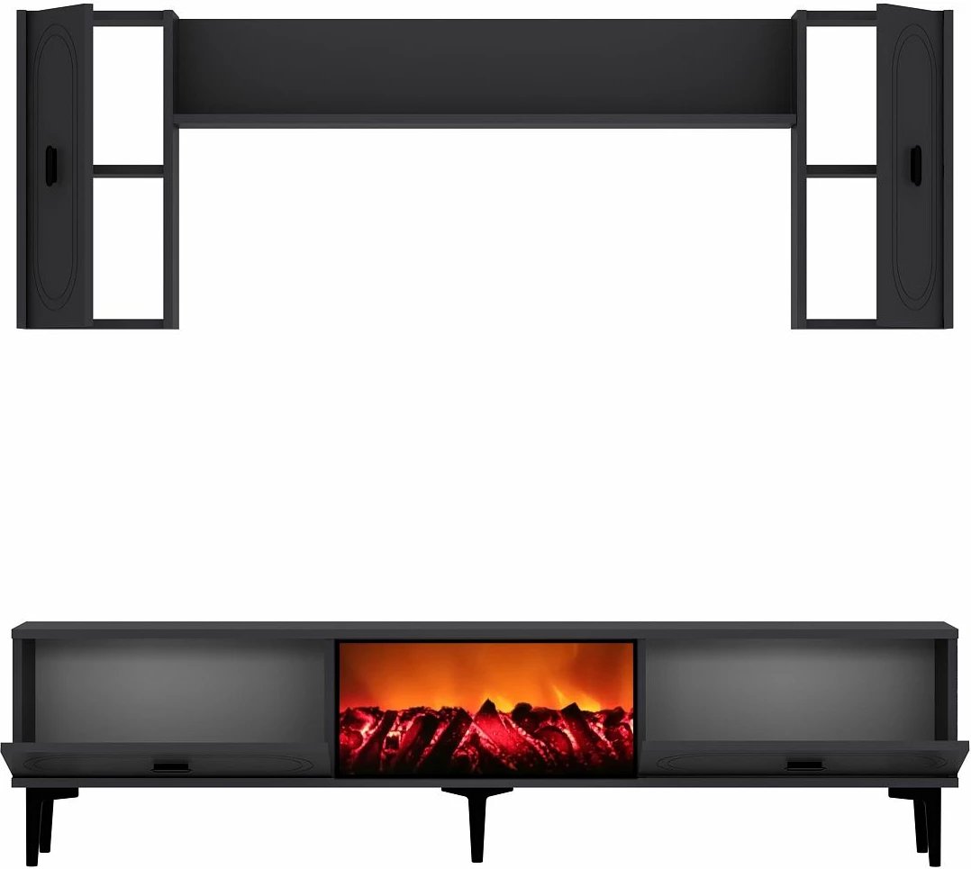 Komodë TV Skye Decor, ngjyrë antracit, me rafte dhe efekt oxhaku