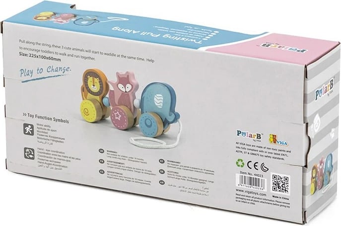 Lodër tërheqëse druri me litar, Viga Zoo, set 3 pjesë, multingjyrëshe