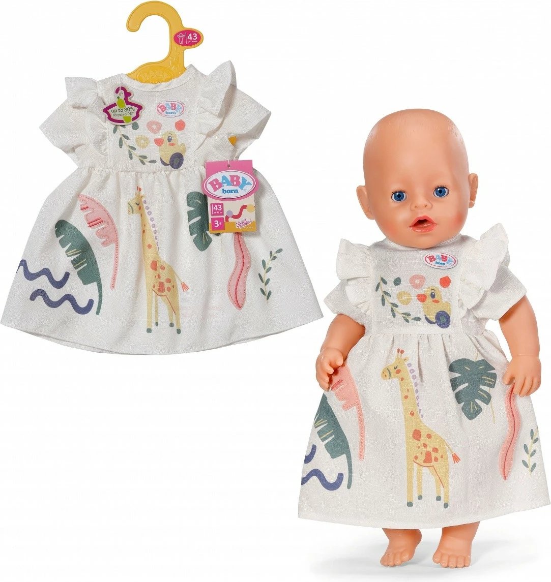 Fustan kukulle, Baby Born, Giraffe Dress Safari, për kukulla 43 cm, e bardhë dekorative