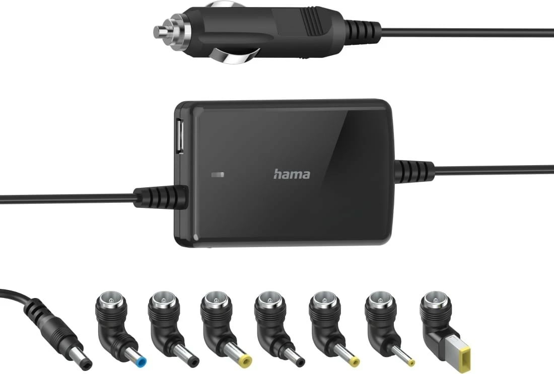 Karikues veture për laptop Hama 200008, 15-19V, 70W, me 8 adaptera, zi