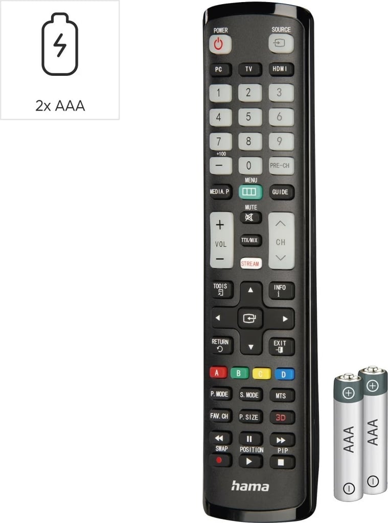 Telekomandë TV Hama 221060 me funksion mësimi, IR 1:1, butona që ndriçojnë, kompatibile Samsung, me bateri AAA, e zezë