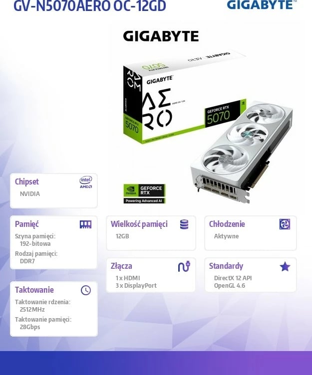 Kartelë grafike Gigabyte GeForce RTX 5070 AERO OC, 12GB GDDR7, 192-bit, Bardhë