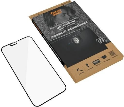 Xham mbrojtës PanzerGlass E2E Microfracture me mbulesë kamere dhe kristal Swarovski për iPhone 13 Pro Max, Kornizë e zezë