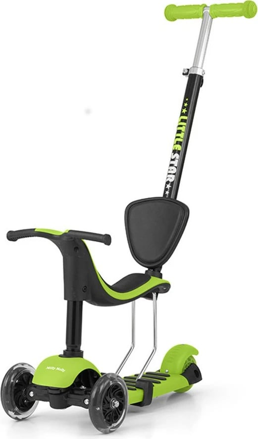 Trotinet 3‑në‑1, Milly Mally, Little Star, me ndenjëse dhe shufër prindi, rrota LED, kapacitet 20/50 kg, i gjelbër