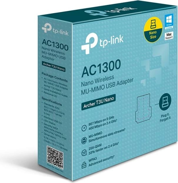 Adapter Wi‑Fi USB, TP-Link, Archer T3U Nano, AC1300 dual-band MU-MIMO WPA3, e zezë