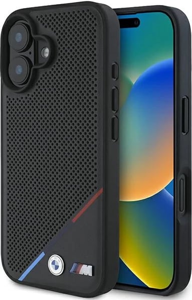 Mbështjellës BMW M Perforated Tricolor Line MagSafe për iPhone 16, Zi