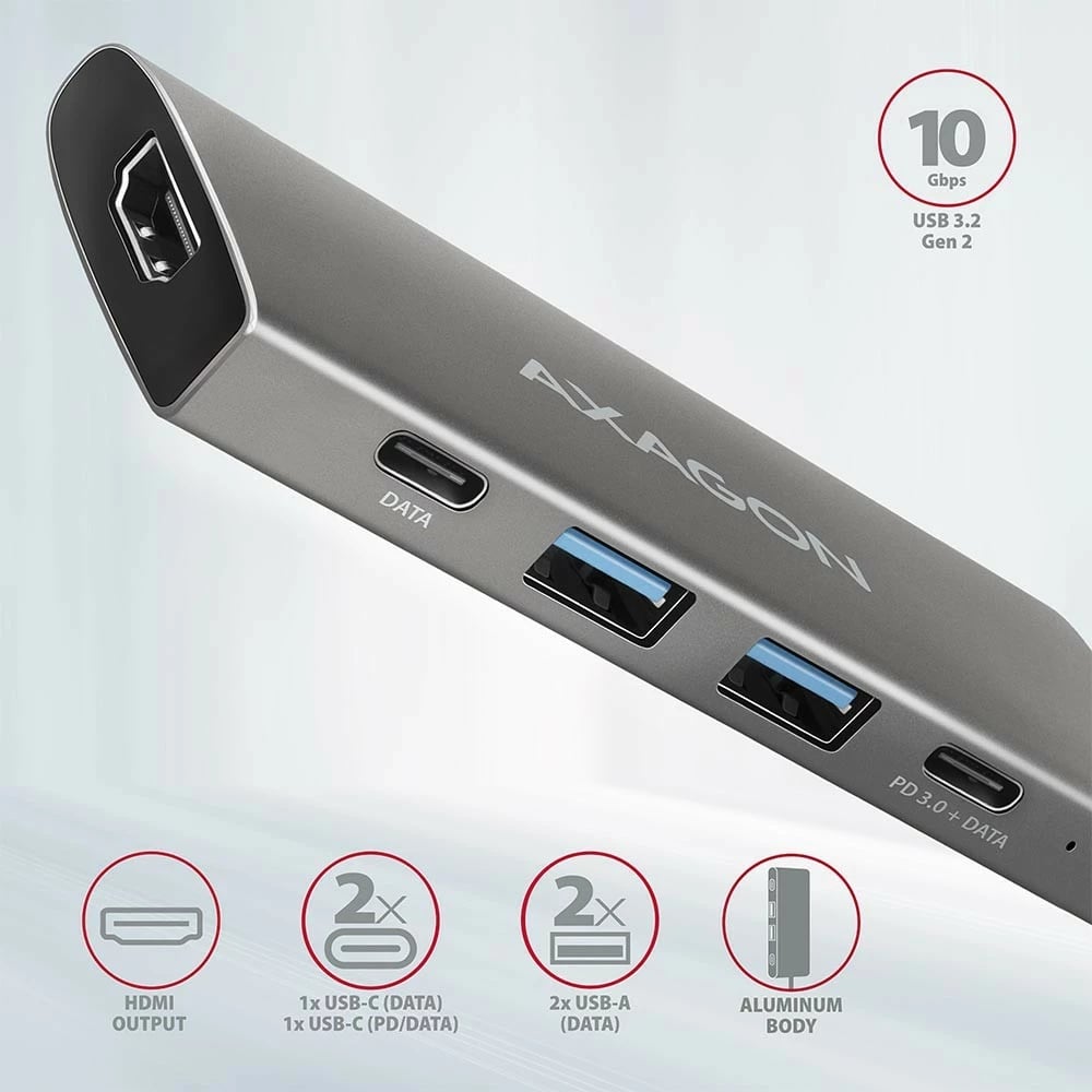 Hub USB-C AXAGON HMC-5G2, 5 porte, 10Gbps, HDMI 4K/60Hz, PD 100W, 13cm, zi/gri