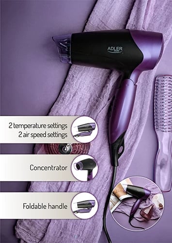 Tharëse flokësh, Adler AD 2260, 1600W, 2 temperatura 2 shpejtësi, dorezë palosëse, cool-shot, me koncentrator, e zezë e vjollcë