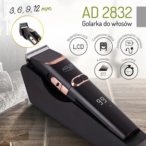 Makinë qethëse Adler AD 2832, teh qeramik/çelik, pa/kabllo, LCD, 1.5 orë punë, turbo, 4 krehra 3–12 mm, e zezë