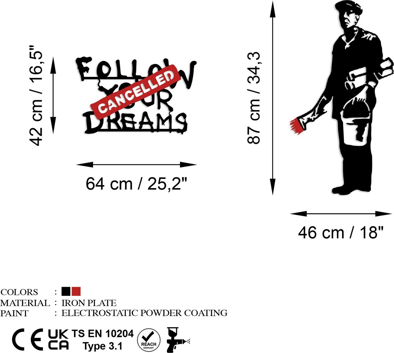 Aksesor dekorativ metalik për mur, Banksy Metal 06, bardhë e kuqe, 64x42cm ose 46x87cm