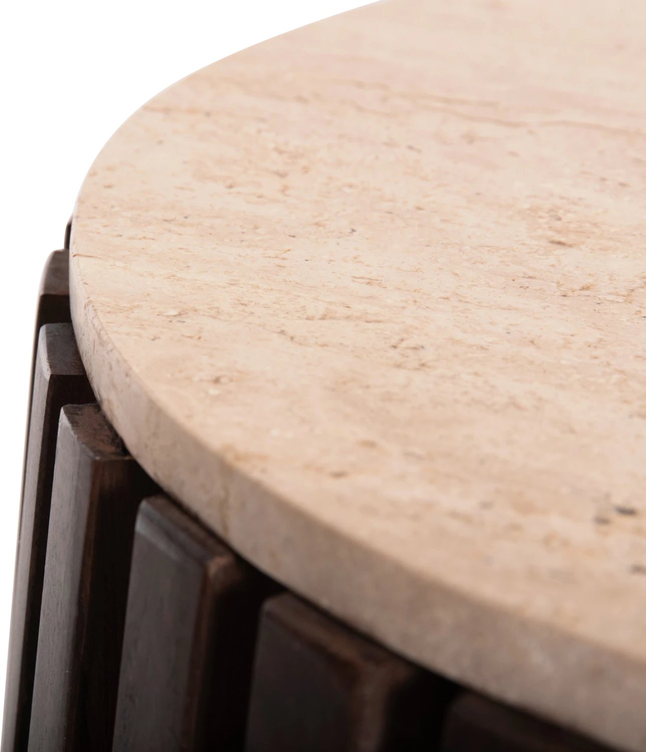 Tavolinë anësore KREST FH9711 dru akacie ngjyrë kafe e çelët-bardhë travertin Φ50x50Hcm