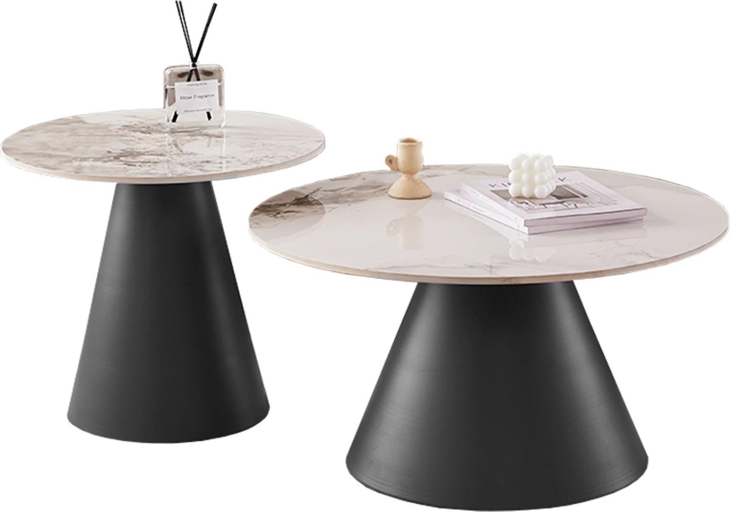 Set 2 tavolina kafeje Ridge(X), pllaka sinterizimi, bazë e zezë, Φ50cm & Φ70cm