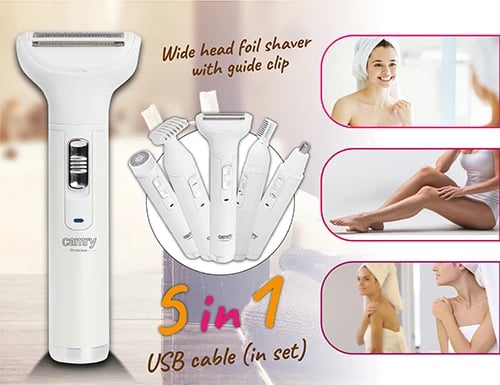 Trimmer multifunksional, Camry, CR 2935, bateri 400mAh Ni-MH, karikim USB, kokë folio + trimmer vetullash/bikini/hundë/fytyrë, e bardhë, set
