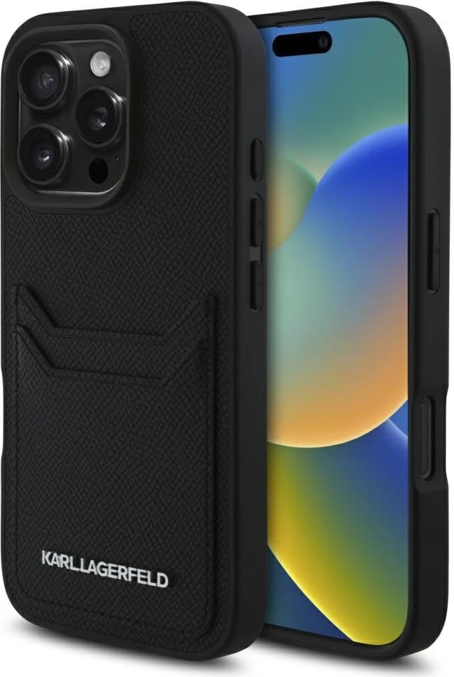 Mbështjellës Karl Lagerfeld HC Grained PU Cardslot Metal Elong për iPhone 16 Pro Max, e zezë