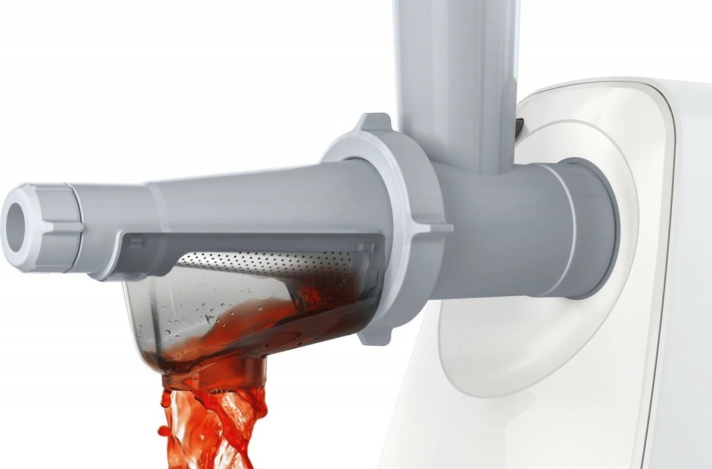 Bluarëse mishi, Bosch, MFW2515W, 1500W, disqe 3.8/8 mm, me shtojcë suxhukësh dhe shtrydhëse për manaferra/domate, e bardhë